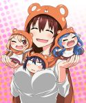  &gt;_&lt; 4girls :3 :d ;d ^_^ between_breasts black_hair blonde_hair blue_hair blush breasts brown_hair closed_eyes doma_umaru ebina_nana hamster_costume highres himouto!_umaru-chan komaru long_hair looking_at_viewer medium_breasts minigirl motoba_kirie multiple_girls one_eye_closed open_mouth smile tachibana_sylphynford tom_(drpow) w wavy_mouth xd 