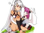  ! 2girls altera_(fate) bare_shoulders blush closed_eyes fate/grand_order fate_(series) grass helena_blavatsky_(fate/grand_order) multiple_girls open_mouth purple_hair red_eyes short_hair sitting spoken_exclamation_mark tattoo translation_request veil white_background white_hair yoichi_(umagoya) 