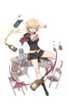  1girl alcohol barrel beer bird blonde_hair bottle brass_knuckles bread broken_bottle chair chicken dizzy_durand food fork full_body highres knife looking_at_viewer official_art princess_principal princess_principal_game_of_mission punching ribbed_shirt shirt short_hair shorts solo soup spoon standing table transparent_background unbuttoned_pants weapon wine_bottle 
