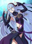  1girl absurdly_long_hair aqua_(fire_emblem_if) asymmetrical_legwear black_dress black_gloves black_legwear black_panties blue_hair breasts brown_eyes choker cowboy_shot dress elbow_gloves fingerless_gloves fire_emblem fire_emblem_if floating_hair gloves hair_between_eyes jewelry long_hair looking_at_viewer medium_breasts necklace panties shunkaku sleeveless sleeveless_dress solo standing thigh_strap underwear very_long_hair 