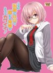  1girl arm_at_side black-framed_eyewear black_dress black_legwear blush closed_mouth commentary_request cover cover_page doujin_cover dress eyes_visible_through_hair fate/grand_order fate_(series) glasses hair_over_one_eye hand_up hida_tatsuo jacket knees_up long_sleeves looking_at_viewer necktie open_clothes open_jacket outline pantyhose pink_background rating red_neckwear shielder_(fate/grand_order) simple_background smile solo thighband_pantyhose track_jacket translation_request unzipped upskirt white_jacket white_outline zipper 