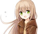  1girl :d bangs beige_shirt blush brown_coat coat green_eyes hair_between_eyes head_tilt light_brown_hair long_hair looking_at_viewer open_clothes open_coat open_mouth original simple_background smile solo tareme white_background yuuhagi_(amaretto-no-natsu) 