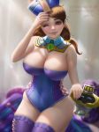 1girl alternate_costume blurry breasts brown_hair chinese_clothes cleavage clothes_removed depth_of_field detached_collar deviantart_username jiangshi_mei large_breasts leotard lolliedrop looking_at_viewer low_twintails mei_(overwatch) nail_polish one_eye_closed overwatch parted_lips skindentation smile snowball_(overwatch) solo thigh-highs tumblr_username twintails watermark web_address