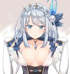  ... 1girl bangs blue_eyes blush breasts character_request cleavage closed_mouth hoshino_ouka long_hair looking_at_viewer medium_breasts silver_hair solo speech_bubble spoken_ellipsis upper_body 