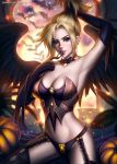  1girl arm_up armpits artist_name artist_signature ayya_saparniyazova bare_shoulders blonde_hair blue_eyes breasts choker cleavage earrings elbow_gloves garter_straps gloves hair_tie halloween high_ponytail holding holding_hair jewelry looking_at_viewer mercy_(overwatch) mouth_hold overwatch panties pinup pumpkin sitting solo spread_wings strapless thigh-highs tubetop underwear witch witch_mercy 