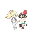  2girls backpack bag beanie black_hair blonde_hair blush_stickers chibi green_eyes green_shorts hat lillie_(pokemon) litten long_hair mizuki_(pokemon_sm) multiple_girls open_mouth pokemon pokemon_(creature) pokemon_(game) pokemon_sm ponytail pukiko red_hat shirt short_hair short_sleeves shorts simple_background skirt tied_shirt white_background white_shirt white_skirt 