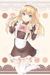  1girl blonde_hair blue_eyes bow garter_straps highres licking_lips long_hair looking_at_viewer maid no_shoes original pink_bow seventeen_(st17215) standing standing_on_one_leg striped striped_bow tongue tongue_out white_legwear 