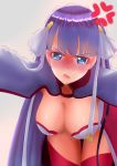  1girl absurdres anger_vein blue_eyes blush breasts cleavage der_zweite fate/grand_order fate_(series) frown full-face_blush hair_ornament hair_ribbon hanging_breasts highres large_breasts leaning_forward long_hair looking_at_viewer purple_hair ribbon saint_martha solo thigh-highs trembling very_long_hair 