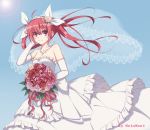  1girl artist_name blue_background bouquet breasts bridal_veil cleavage date_a_live diadem dress earrings elbow_gloves eyebrows_visible_through_hair floating_hair flower gloves hair_between_eyes hair_flower hair_ornament hair_ribbon hand_in_hair holding holding_bouquet itsuka_kotori jewelry layered_dress long_hair looking_at_viewer necklace qingchen_(694757286) red_eyes red_flower red_ribbon redhead ribbon sideboob simple_background sleeveless sleeveless_dress small_breasts smile solo strapless strapless_dress twintails veil wedding_dress white_dress white_gloves white_ribbon yellow_flower 