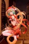  1girl absurdres ahoge animal_ears archer_of_red bell breasts cat_ears cat_tail christmas christmas_stocking fate/apocrypha fate_(series) finger_to_mouth gloves green_eyes green_hair highres long_hair medium_breasts mukade_(siieregannsu) solo squatting tail thigh-highs twintails very_long_hair white_background white_legwear 