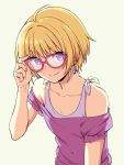  1boy blonde_hair closed_mouth idolmaster idolmaster_side-m male_focus pas_(paxiti) pierre_(idolmaster) simple_background smile sunglasses trap upper_body violet_eyes yellow_background 