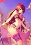  1girl absurdres aira5 bikini breasts fate/grand_order fate_(series) fisheye flower gae_bolg hair_flower hair_ornament highres large_breasts lens_flare long_hair looking_at_viewer navel petals polearm purple_hair red_eyes scathach_(fate/grand_order) scathach_(swimsuit_assassin)_(fate) smile solo spear swimsuit twilight weapon 