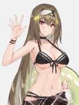  1girl arm_up armpits bangs bare_arms bare_shoulders bikini black_bikini black_neckwear black_ribbon blush breasts brown_hair character_request choker cleavage closed_mouth collarbone echj front-tie_bikini front-tie_top girls_frontline grey_background hair_ornament hairband hairclip holding innertube large_breasts long_hair looking_at_viewer navel red_eyes ribbon sarong simple_background sketch smile solo stomach swimsuit tsurime under_boob upper_body white_hairband wristband 