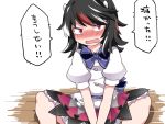  1girl black_hair blush bow commentary_request dress hammer_(sunset_beach) horns kijin_seija long_hair looking_at_viewer multicolored_hair open_mouth red_eyes redhead sitting solo streaked_hair touhou translation_request white_hair 