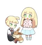  1boy 1girl black_pants black_vest blonde_hair brother_and_sister chibi clefairy dress eevee gladio_(pokemon) green_eyes lillie_(pokemon) long_hair open_mouth pants pokemon pokemon_(anime) pokemon_(creature) pokemon_sm_(anime) pukiko short_hair siblings simple_background sitting stuffed_toy vest white_background white_dress younger 