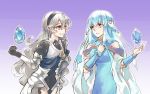  2girls armor bare_shoulders blue_hair cape dress female_my_unit_(fire_emblem_if) fire_emblem fire_emblem:_rekka_no_ken fire_emblem_heroes fire_emblem_if hair_ornament hairband jin_(phoenixpear) long_hair mamkute multiple_girls my_unit_(fire_emblem_if) ninian open_mouth pointy_ears red_eyes silver_hair smile stone white_hair 