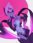  1girl :d blue_skin breasts cleavage cowboy_shot evelynn eyebrows_visible_through_hair finger_to_mouth fingernails highres league_of_legends lipstick makeup medium_breasts navel open_mouth scythe sharp_fingernails smile solo splashbrush white_hair yellow_eyes 