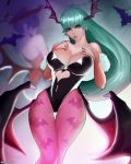  2girls animal_print bat bat_print bat_wings blue_legwear blurry blurry_background breasts bridal_gauntlets cleavage demon_girl green_eyes green_hair head_wings highres large_breasts leotard lilith_aensland long_hair low_wings mcdobo morrigan_aensland multiple_girls pantyhose purple_hair purple_legwear red_leotard short_hair succubus vampire_(game) wings 