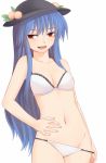  1girl :d bangs bare_arms black_hat blue_hair bra breasts cleavage cowboy_shot eyebrows_visible_through_hair food fruit groin hand_on_own_stomach hat hinanawi_tenshi leaf long_hair looking_at_viewer medium_breasts miyo_(ranthath) navel open_mouth panties panty_pull peach pulled_by_self red_eyes sidelocks simple_background smile solo touhou underwear underwear_only white_background white_bra white_panties 