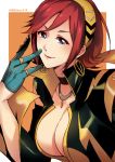  1girl blue_eyes breasts cleavage earrings hairband jewelry kaname_buccaneer large_breasts lipstick macross macross_delta makeup mibry_(phrysm) necklace redhead short_hair torso 