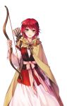  1girl akatsuki_no_yona arrow bow_(weapon) brown_cape dress earrings head_tilt highres holding holding_bow_(weapon) holding_weapon jewelry looking_at_viewer manyang pink_ribbon redhead ribbon short_hair simple_background solo standing violet_eyes weapon white_background white_dress yona_(akatsuki_no_yona) 