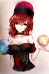  1girl absurdres bare_shoulders black_shirt breasts cleavage clothes_writing collar collarbone earth_(ornament) grin head_tilt hecatia_lapislazuli highres looking_at_viewer moon_(ornament) off-shoulder_shirt off_shoulder parted_lips polos_crown red_eyes redhead sheya shirt smile solo touhou 