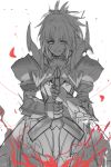  &gt;:d 1girl :d armor clarent fate/apocrypha fate_(series) green_eyes highres mizu_(dl7613) open_mouth planted_sword planted_weapon saber_of_red sketch smile solo spot_color sword weapon white_background 