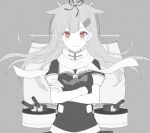  &gt;:) 1girl crossed_arms dan_(kumadan) fang fingerless_gloves gloves hair_flaps hair_ornament hair_ribbon hairclip kantai_collection long_hair machinery monochrome neckerchief red_eyes remodel_(kantai_collection) ribbon scarf short_sleeves smile solo spot_color turret yuudachi_(kantai_collection) 