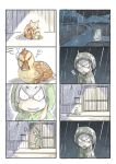  1girl 4koma animal bird cat comic duck duckling grey_hair highres kemono_friends murakami_rei night rain raincoat shoebill_(kemono_friends) silent_comic 