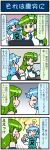  2girls 4koma artist_self-insert blue_eyes blue_hair breasts closed_eyes comic commentary_request detached_sleeves frog_hair_ornament green_eyes green_hair hair_ornament hair_tubes heterochromia highres index_finger_raised juliet_sleeves kochiya_sanae large_breasts light_bulb long_sleeves mizuki_hitoshi monitor multiple_girls nontraditional_miko open_mouth puffy_sleeves red_eyes short_hair sidelocks smile snake_hair_ornament surprised sweatdrop touhou translated vest wide-eyed wide_sleeves 