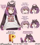  2girls :3 animal_ears blood cat_ears chibi claws collar eyepatch fang hayasaka_mirei highres idolmaster koshimizu_sachiko kurotategami multicolored_hair multiple_girls p-head_producer petting producer_(idolmaster) purple_hair short_hair streaked_hair 