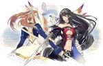  2girls bandage bare_shoulders black_hair black_neckwear breasts choker collarbone eleanor_hume long_hair medium_breasts multiple_girls navel short_hair tales_of_(series) tales_of_berseria torn_clothes under_boob velvet_crowe very_long_hair yellow_eyes 