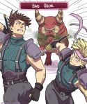  absurdres artist_name battle_tendency belt black_gloves blonde_hair brown_hair caesar_anthonio_zeppeli clenched_teeth crisis_core_final_fantasy_vii crossover dated diceratops_(crisis_core) dirty emeraudolupus emphasis_lines facial_mark final_fantasy final_fantasy_vii fingerless_gloves gloves headband highres horns jojo_no_kimyou_na_bouken joseph_joestar_(young) monster parody running shoulder_pads signature suspenders sweat sword teeth turtleneck weapon winged_hair_ornament 