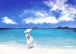  1girl barefoot beach blue_sky clouds cloudy_sky commentary dress from_behind hat ishii_hisao original sky sleeveless sleeveless_dress solo sun_hat white_dress white_hair 