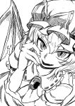  1girl ascot bangs bat_wings blush bow brooch eyebrows_visible_through_hair fang fingernails greyscale hair_between_eyes hand_up hat hat_bow highres himajin_no_izu jewelry looking_at_viewer mob_cap monochrome open_mouth remilia_scarlet sharp_fingernails short_hair short_sleeves simple_background slit_pupils solo torn_wings touhou upper_body white_background wings 
