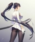  1girl aiguillette anbe_yoshirou artist_name ass azur_lane bangs black_hair black_legwear breasts brown_eyes closed_mouth dated eyebrows_visible_through_hair floating_hair gloves gradient gradient_background gusset half_gloves highres katana large_breasts legs_apart long_hair looking_to_the_side military military_uniform panties panties_under_pantyhose pantyhose pleated_skirt ponytail sheath sheathed sidelocks signature skirt solo standing sword takao_(azur_lane) thighband_pantyhose thighs underwear uniform very_long_hair weapon white_gloves white_skirt 