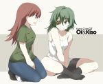  2girls :d alternate_costume bangs bare_arms bare_shoulders between_legs bike_shorts black_legwear blue_pants breasts brown_eyes brown_hair casual character_name cleavage eyepatch green_eyes green_hair green_shirt grin hair_between_eyes hand_between_legs kantai_collection kiso_(kantai_collection) kneeling long_hair looking_at_another medium_breasts multicolored multicolored_background multiple_girls no_bra ooi_(kantai_collection) open_mouth pants pants_rolled_up shirt short_sleeves sideboob sidelocks sideways_mouth sitting smile socks souji t-shirt tank_top teeth text two-tone_background v_arms white_shirt 