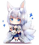  1girl :&lt; animal_ears azur_lane blue_eyes blue_skirt breasts chibi closed_mouth fox_ears fox_girl fox_mask fox_shadow_puppet fox_tail hakama_skirt highres holding holding_mask kaga_(azur_lane) kyuubi looking_at_viewer mask medium_breasts multiple_tails pleated_skirt short_hair silver_hair skirt solo sukemyon tail white_background 
