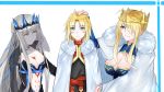  artist_request artoria_pendragon_(all) artoria_pendragon_(lancer) blush braid breasts cape capelet crown fate/grand_order fate_(series) french_braid fur-trimmed_cape fur_trim green_eyes grey_hair hair_ornament large_breasts long_hair medium_breasts morgan_le_faye_(fate) navel petting saber saber_of_red short_hair sketch smile upper_body veil white_background 