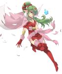  1girl blush breasts cape chiki dress fire_emblem fire_emblem:_kakusei fire_emblem:_mystery_of_the_emblem fire_emblem_heroes full_body gloves green_eyes green_hair hair_ribbon highres jewelry long_hair mamkute official_art one_eye_closed open_mouth pointy_ears ponytail ribbon stone torn_clothes 