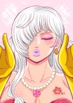  1girl blush breasts candy charlotte_smoothie cleavage closed_eyes earrings food gloves hair_over_one_eye jewelry kiss lipstick long_hair makeup necklace one_piece open_mouth pink_background portrait simple_background solo sparkle tattoo white_hair 