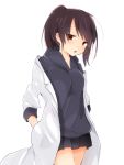  1girl blue_hoodie blue_skirt brown_eyes brown_hair copyright_request cowboy_shot eyebrows_visible_through_hair hiiragi_fuyuki hood hoodie labcoat long_sleeves looking_at_viewer parted_lips pleated_skirt ponytail simple_background skirt solo standing white_background 