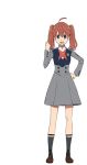  1girl brown_footwear code:390 darling_in_the_franxx dress full_body green_eyes hand_on_hip looking_at_viewer mary_janes official_art open_mouth school_uniform shoes smile sock_garters socks solo twintails 