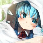  1girl absurdres blue_eyes blue_hair blush cirno closed_mouth commentary eyebrows_visible_through_hair highres ice ice_wings miri_(miri0xl) pov short_hair smile solo touhou under_covers upper_body wings 