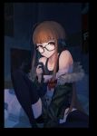  1girl angry fur_trim glasses headphones highres jacket long_hair looking_at_viewer orange_hair persona persona_5 sakura_futaba seinen solo thigh-highs 