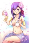  1girl :d alternate_costume armlet bikini blank_eyes blush bracelet breasts cleavage earrings fate/grand_order fate_(series) flower hair_flower hair_ornament hair_ribbon highres jewelry large_breasts long_hair looking_at_viewer lotus matou_sakura open_mouth parvati_(fate/grand_order) petals purple_hair ribbon samoore sarong sitting smile solo swimsuit violet_eyes white_bikini 