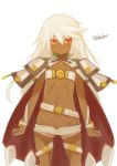  1girl akahuzi alternate_breast_size artist_name blush closed_mouth collarbone dark_skin eyebrows flat_chest guilty_gear highres looking_at_viewer navel ramlethal_valentine red_eyes solo twitter_username white_hair 
