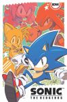  1girl 3boys amy_rose artist_signature copyright_name cover cover_page echidna_(animal) fox gloves grin hammer hedgehog idw_publishing knuckles_the_echidna looking_at_viewer multiple_boys no_humans official_art shoes smile sneakers sonic sonic_the_hedgehog spiked_gloves tails_(sonic) tyson_hesse watermark white_gloves 