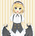  1girl :d ainvy_(envieout) animal_ears apron aqua_eyes bangs black_neckwear black_skirt blonde_hair blunt_bangs blush bolo_tie collared_shirt commentary_request eyebrows_visible_through_hair fake_animal_ears flat_chest fleur_de_lapin_uniform floppy_ears frilled_apron frilled_cuffs frilled_shirt frilled_skirt frills gochuumon_wa_usagi_desu_ka? kirima_sharo looking_at_viewer maid_headdress open_mouth puffy_short_sleeves puffy_sleeves rabbit_ears shirt short_hair short_sleeves skirt skirt_hold smile solo striped two-tone_background underbust vertical-striped_background vertical_stripes waist_apron white_apron white_shirt wing_collar wrist_cuffs 