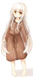  1girl :o bangs barefoot brown_robe collarbone eyebrows_visible_through_hair full_body leaning_to_the_side long_hair long_sleeves looking_at_viewer original parted_lips robe simple_background sleeves_past_wrists solo standing very_long_hair white_background white_hair yellow_eyes yuuhagi_(amaretto-no-natsu) 